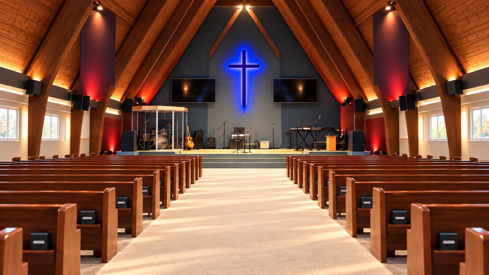The sanctuary where ONE1SIX Church gathers in Worcester