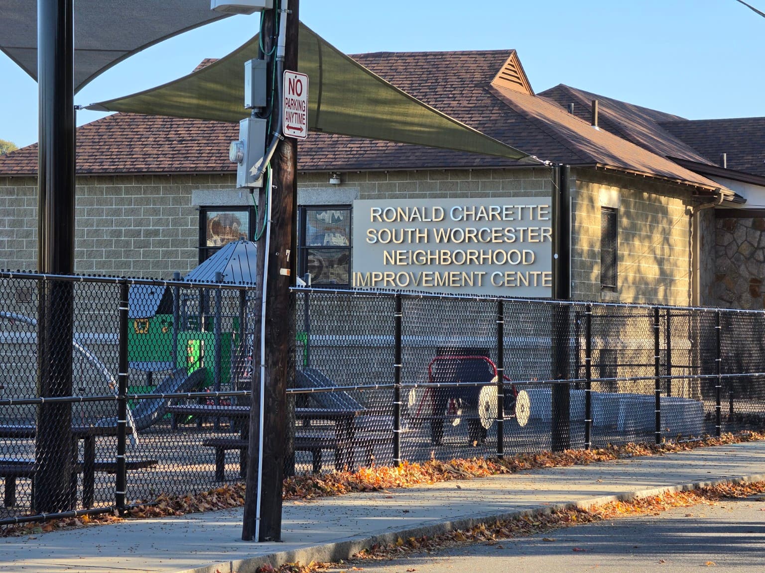 Exterior of South Worcester Neighborhood Improvement Center, with its building sign visible